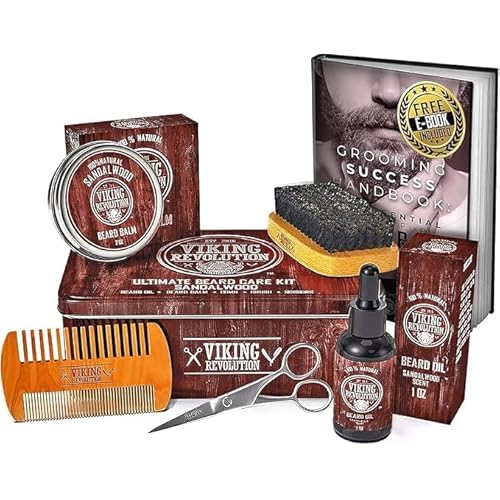 Viking Revolution Ultimate Grooming Kit for Men - Boar Brush, Wood Comb, Sandalwood Balm & Oil, Scissors for Beard & Mustache (Pack of 2)
