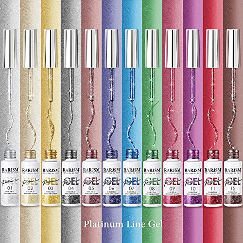 RARJSM Painted Gel Nail Polish Set, Nail Art Metallic Liner Painting Polish Set U V L E D 12 Colors Platinum Liner Gel Champagne Glitter Silver Rosa Gold Green Blue Purple Paint for Nail Art Design