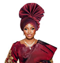 African Auto Gele Head Wrap Turban Cap for Weddings - 100% Raw Silk, Burgundy