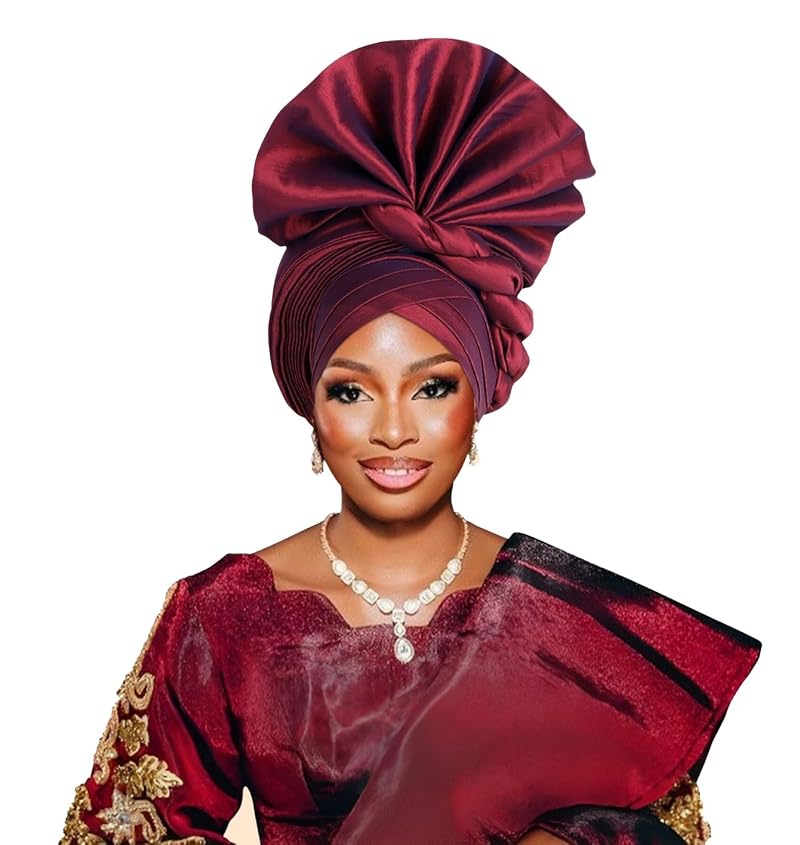 African Auto Gele Head Wrap Turban Cap for Weddings - 100% Raw Silk, Burgundy
