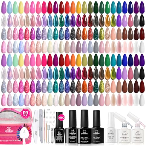 Beetles 100 Colors Gel Nail Polish Set, 119 PCS Kit All Season Cat Eye Pink Blue Jelly with Blooming Gel 15ml Clear Uv Led Blossom Nails for Spreading Effect Marblee