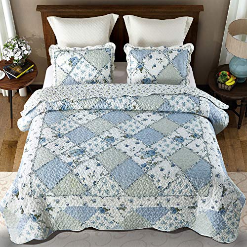 Oversized King Quilt Set 128x120 Blue Floral Patchwork Bedspread & Pillowcases