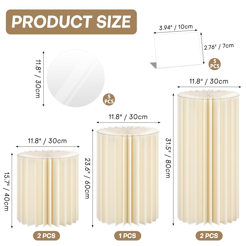 Youjoitim 5-Pack White Cylinder Pedestals Stands, 15.7/23.6/31.5 Inch Height, Foldable Cardboard Display Columns