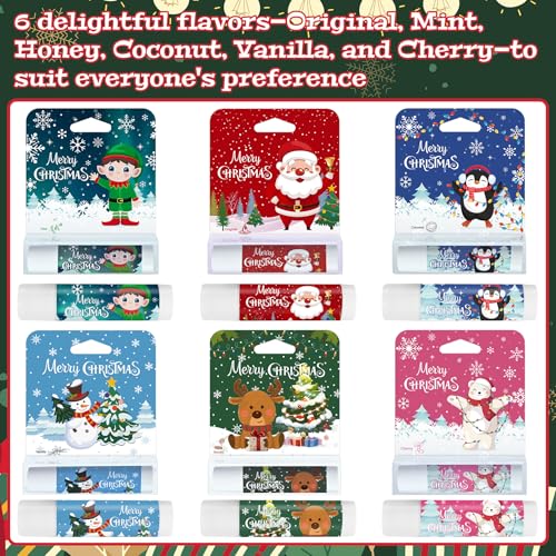 24 Pcs Christmas Lip Balm Gifts Bulk Cute Stocking Goodie Bags Stuffers 6 Flavors Holiday Small Gifts Xmas Party Supplies Moisturizer Butter Care