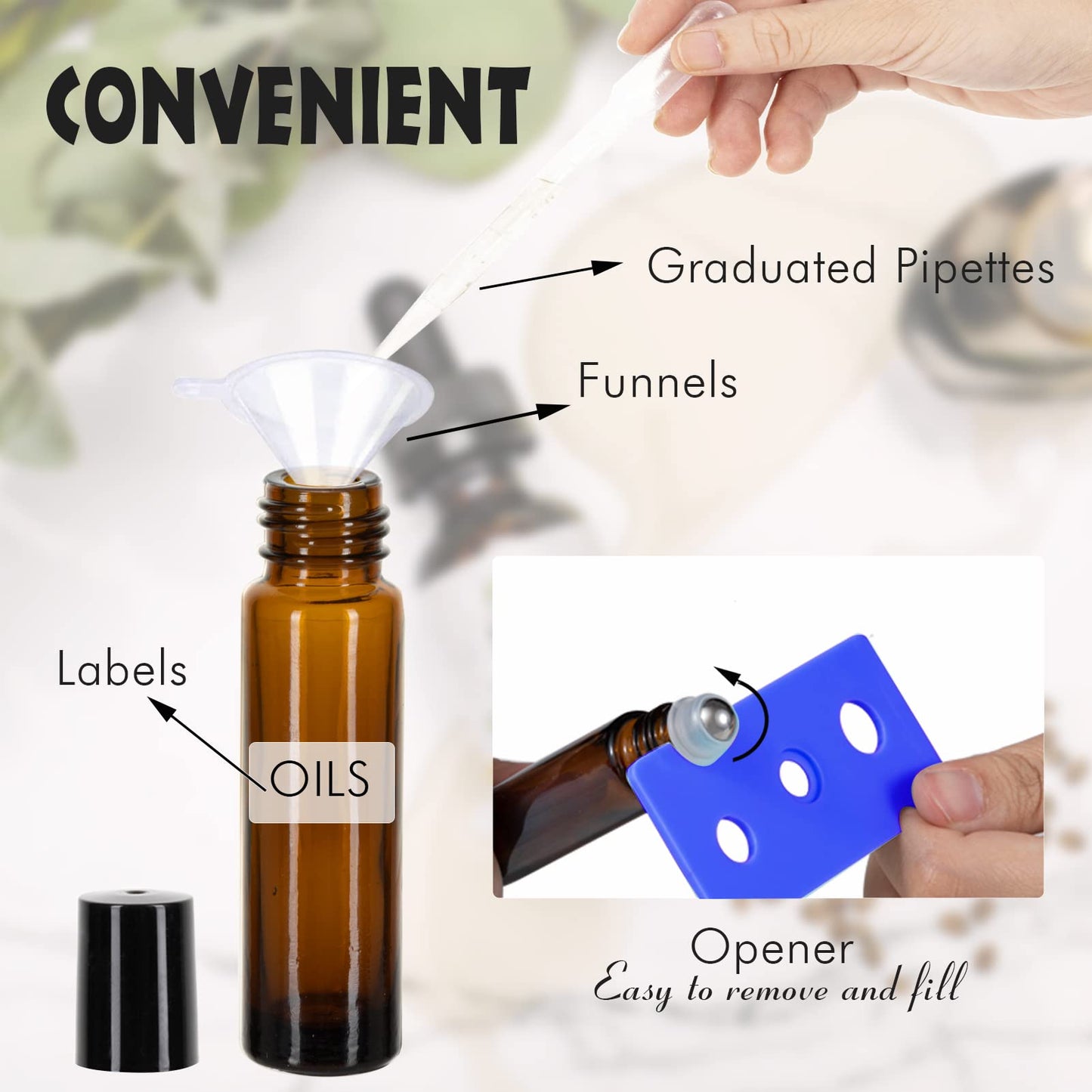 6 Pack Essential Oil Roller Bottles - 10ml Amber Glass Roll-On Bottles with Stainless Steel Roller Balls, Labels, 1*Openers, 1*Funnels, 1*Dropper