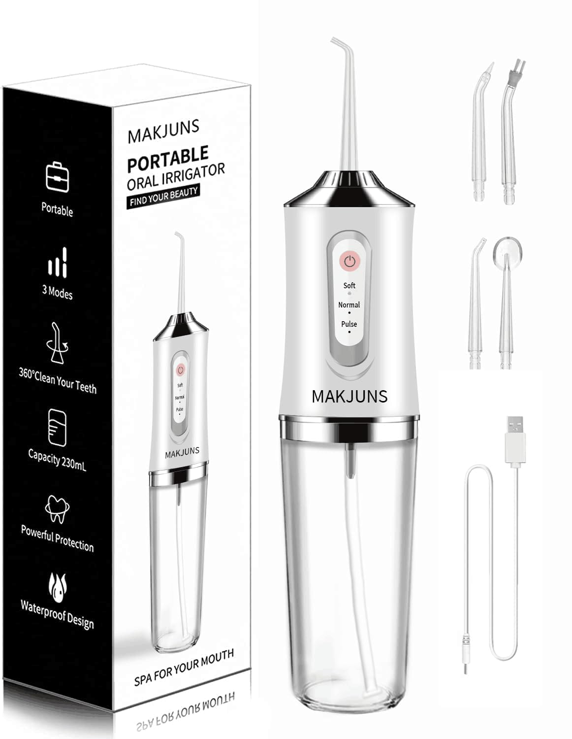 Water-Flosser-Cordless-Teeth-Cleaner Water Dental Flosser with 3 Modes 4 Jets Rechargeable IPX7 Waterproof for Travel Home Braces(White)