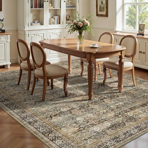 8x10 Charcoal & Olive Washable Area Rug - Vintage Retro Boho Large Carpet, Non Slip, Low Pile for Living Room & Bedroom - Variation of B-Charcoal / Olive