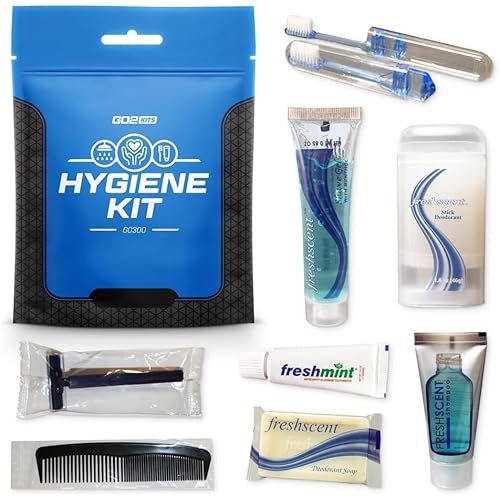Travel Toiletry Kit, Hygiene Kit with Shaving Supplies for Travel, Business & Charity with Reusable Toothbrush, Bath Soap & Other Essential Toiletries, 5-Pack (GO300)