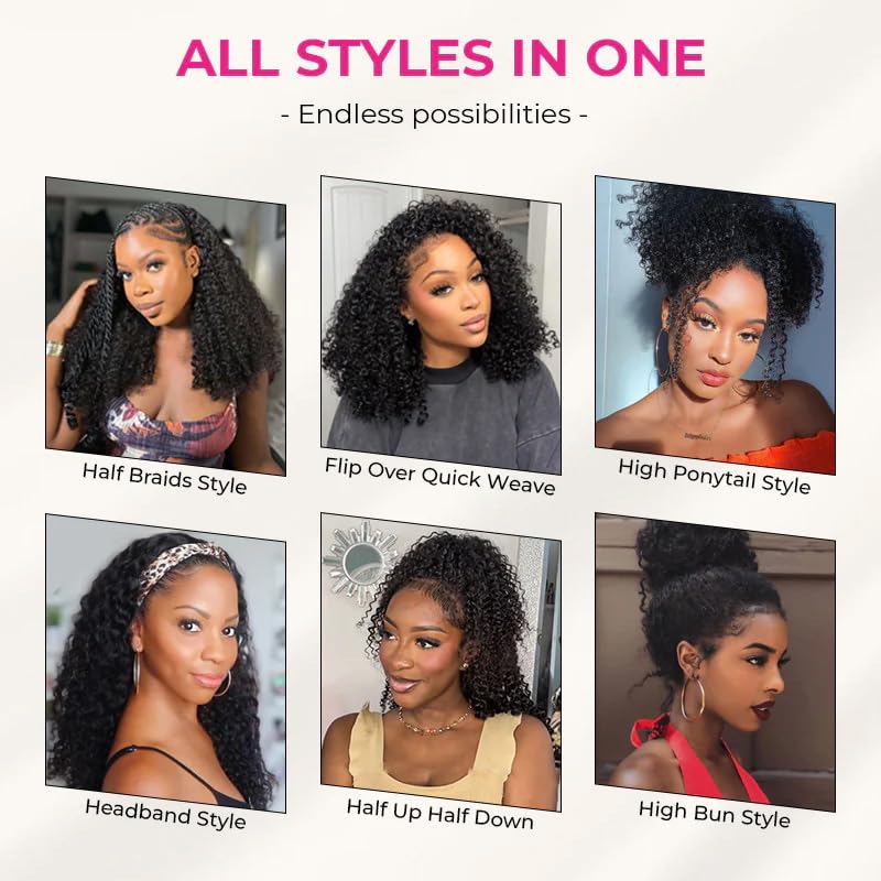 Moxuan Afro Curly 20in Half Wig - Glueless 3-in-1 Drawstring Clip-in Headband, Natural Black
