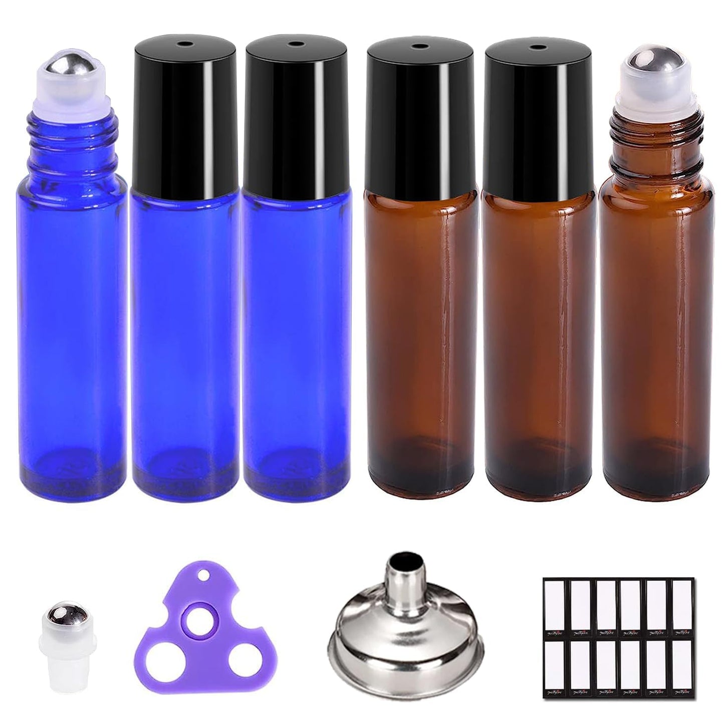 PrettyCare 6 pcs, 10 ml Roller Bottles for Essential Oil with Stainless Steel Roller Ball - Refillable Leak-proof Empty Thick Amber & Blue Glass Roll on Bottles with Black Caps for Travel, Perfume