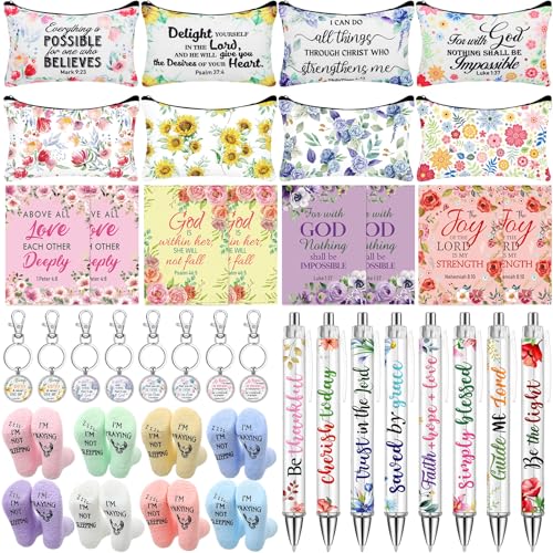Fulmoon 40 Pcs Easter Christian Gifts Bulk Religious Church Gifts Scripture Notebooks Fuzzy Socks Makeup Bags Keychains Floral Bible Verse Ballpoint for Sunday School Women(Lively Pastels, Christian)