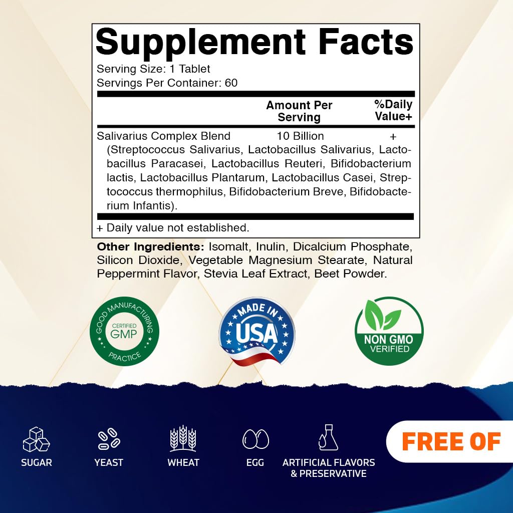 Vitamatic Salivarius Complex 10 Billion Chewable Mint Flavored Tablet - 60 Count - Oral Health Chewable Probiotics + Prebiotics - Supports Healthy Teeth, Gums, & Better Breath