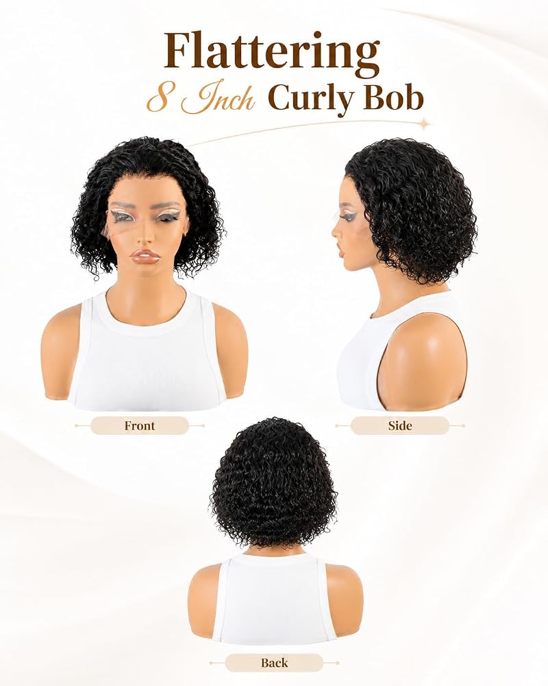 13x6 HD Lace Front Curly Bob Wig - 8 Inch Short Human Hair, Glueless, 180 Density (Variation: 13x6 Curly Bob Wig Human Hair+8 In)