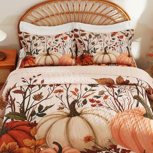 King Fall Pumpkin Quilt Set 3-Piece Reversible Bedspread for All Seasons