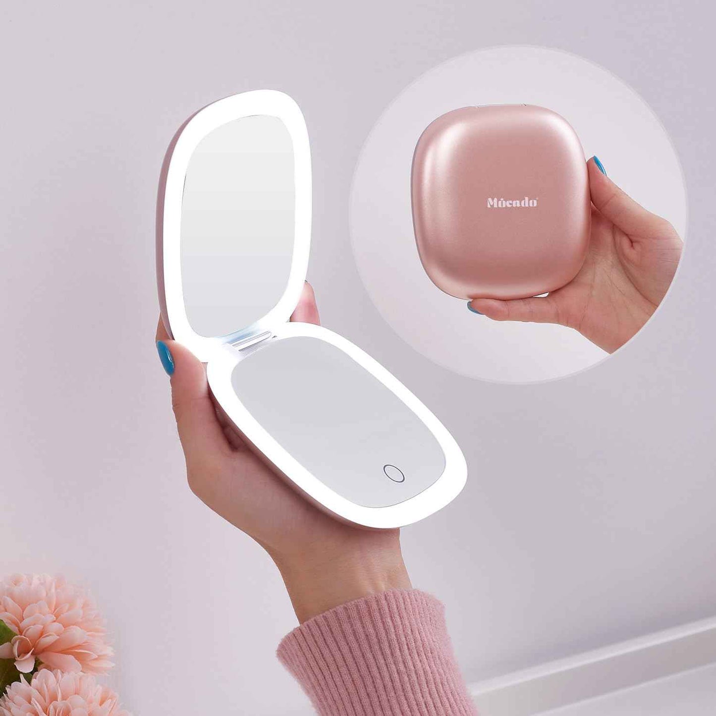 Mocado Compact LED Magnifying Travel Makeup-Mirror - 4 inches 1X/10X Magnification Small Hand Pocket Dimmable Double Sided USB Rechargeable Touch Screen, Portable Tabletop Cosmetic (Rose Gold)