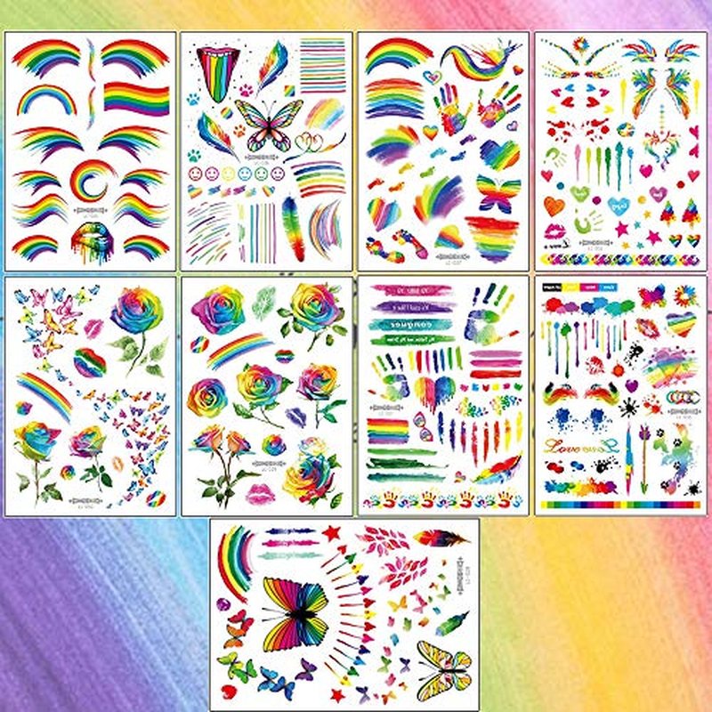 140PCS Colorful Temporary Tattoos - Rainbow Lips Butterfly Rose Heart Tattoo Body Stickers - Rainbow Pride Tattoos Pride Equality Parades Celebrations (9 Sheets)