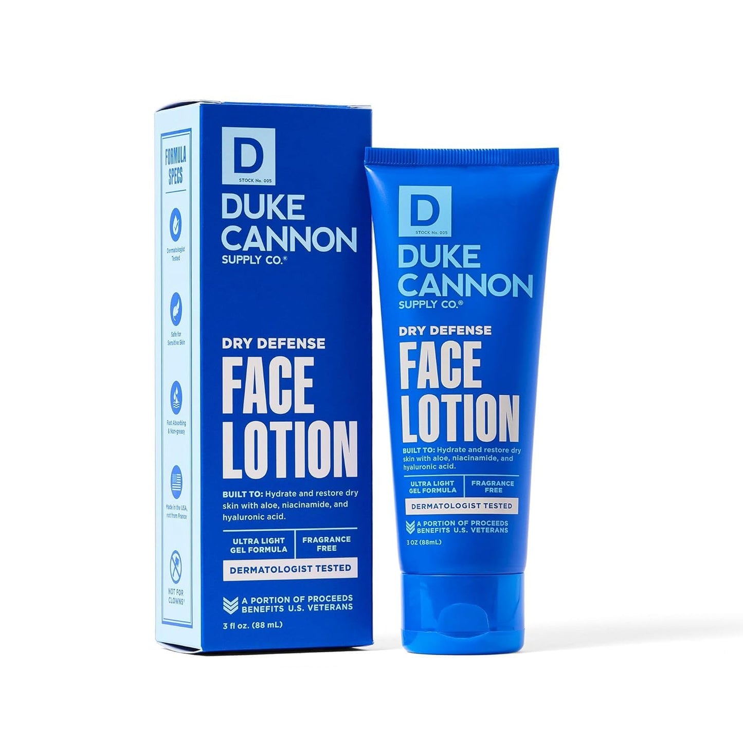 Duke Cannon Dry Defense Face Lotion, Ultra Lightweight Gel, Moisturizes and Protects, Fragrance Free, For Dry and Sensitive Skin - 3 oz.