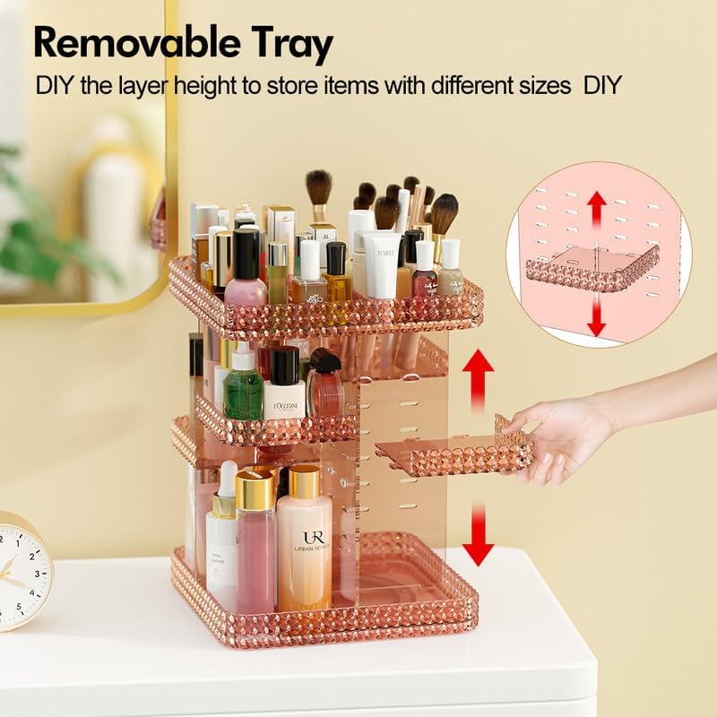Famitree Pink Rotating Makeup Organizer with 6 Adjustable Layers - 360° Spin Vanity Storage