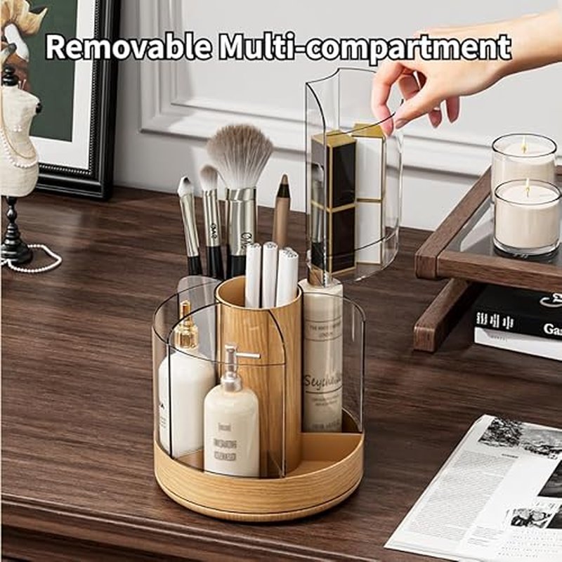Makeup Brush Holder 360¡Æ Rotating 6 Slot Multi-Compartment Storage, Acrylic Spinning Organizer for Cosmetics Nail Polish Combs, Bathroom Vanity Desktop Organizer (Dark Woodgrain)