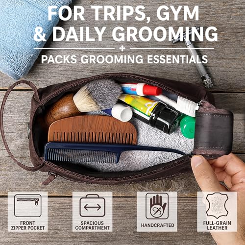 Walnut Brown Leather Toiletry Bag for Men - Travel Dopp Kit & Shaving Bag