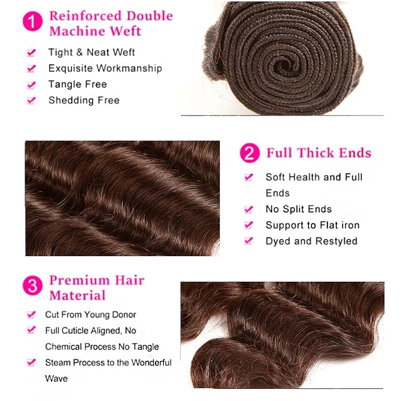 MAMART Deep Wave Human Hair Bundles #4DP / 08 10 12 Dark Brown Chocolate Wavy Hair Extensions