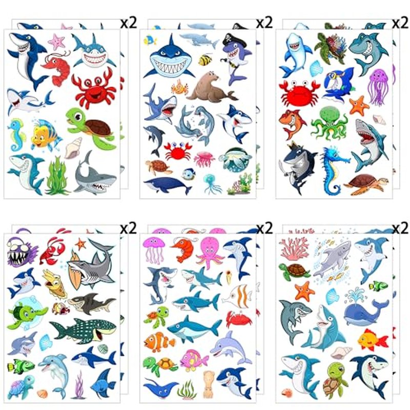 12 Sheets Ocean Animals Temporary Tattoos, Under the Sea Birthday Party Supplies Decorations Shark Dolphin Crab Fish Turtle Party Favors Sea Animal Goodie Bag Fillers School Classroom Reward Gifts