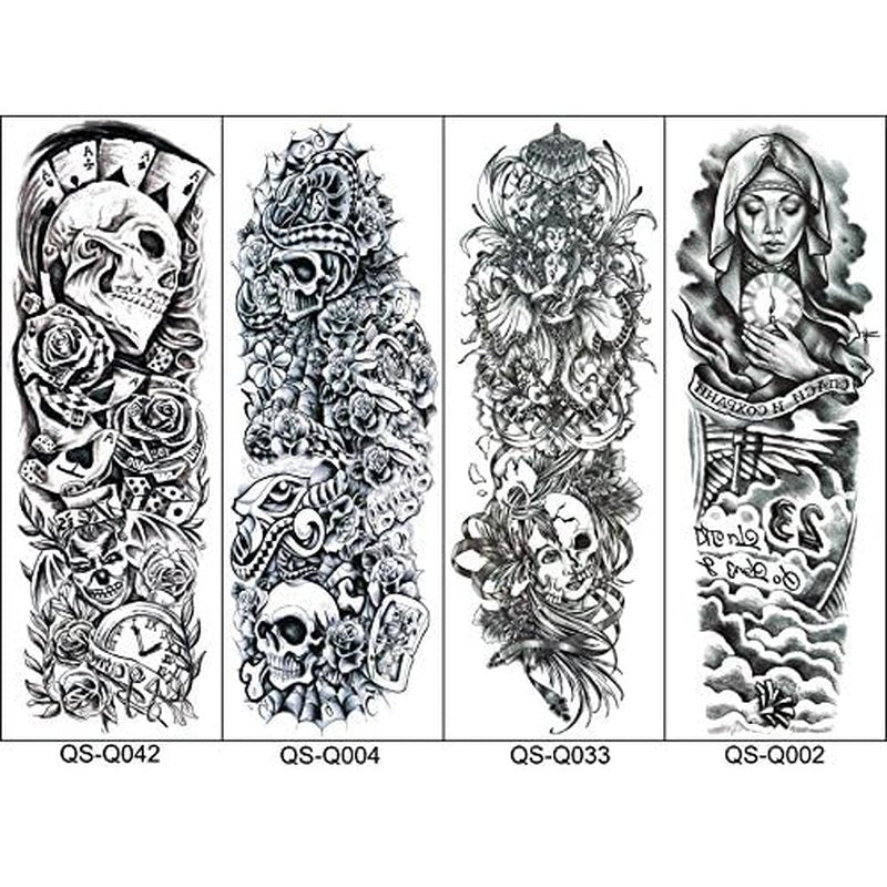 18.9x6.7 8 Sheets Extra Large Temporary Fake Tattoos Set for Men and Women, Full Arm Tattoo Sticker Skull Flower Paper Decal Fake Tattoos Sleeve DIY Black Body Art Sticker, Black 1
