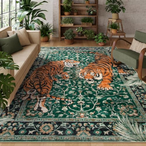6' x 9' Green Tiger Area Rug - Boho Vintage Non-Slip Washable Floor Carpet