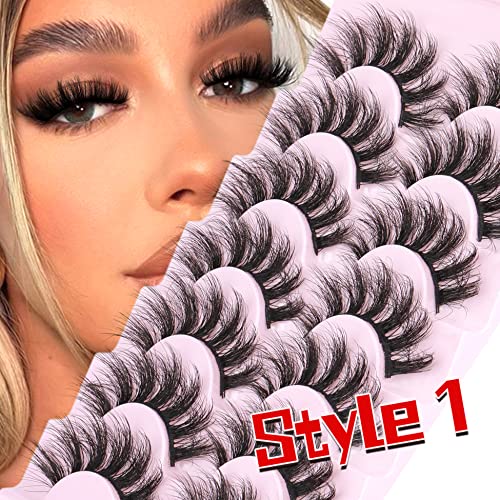 Mink Lashes Fluffy False Eyelashes Natural Look 14-17mm Cat Eye Lashes Pack, 5D Wispy Curly Fake Lashes by TNFVLONEINS - 21 Pairs 3 Styles