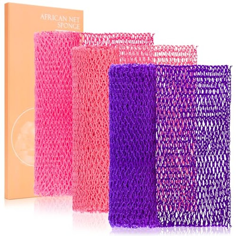 African Net Sponge 3 Pack, Back Scrubber for Shower, XL 80CM Exfoliating Washcloth, African Net Sponge Authentic, Body Scrubber exfoliator Bath Accessories (Pink,Red,Purple)