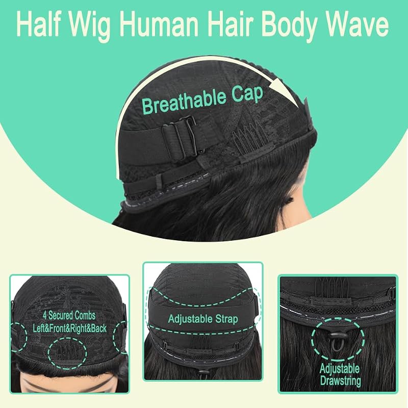 Half Wig Body Wave Human Hair 3-in-1 Seamless Flip-Over Glueless Headband Wig 18 Inch - Black