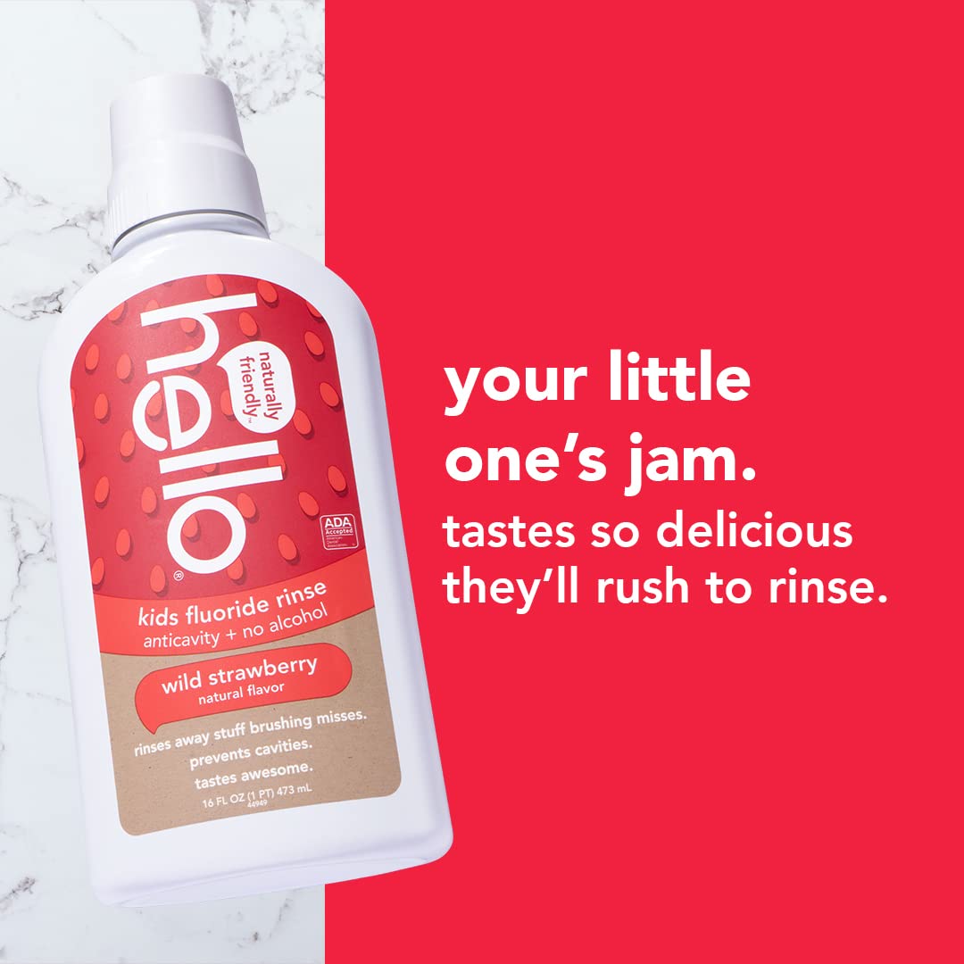 Hello Kids Wild Strawberry Natural Flavor Anticavity Fluoride Rinse - Vegan, Alcohol Free, and SLS Free Mouthwash for Children Age 2 and Up - 16 Ounce (Pack of 3)