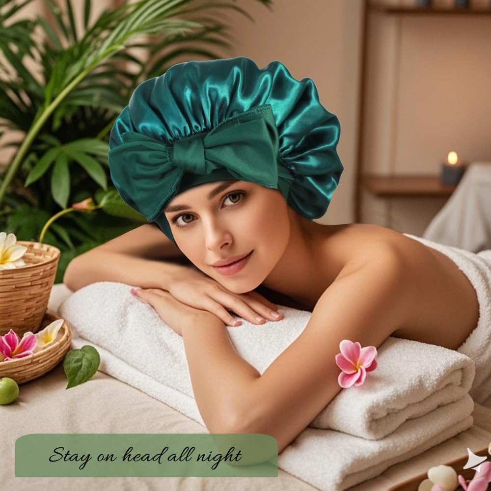 1+3 Large Satin Bonnets with Scrunchies for Women, Double Layer Hair Bonnet Tie Bonnet for Sleeping Braids Curly Hair, F