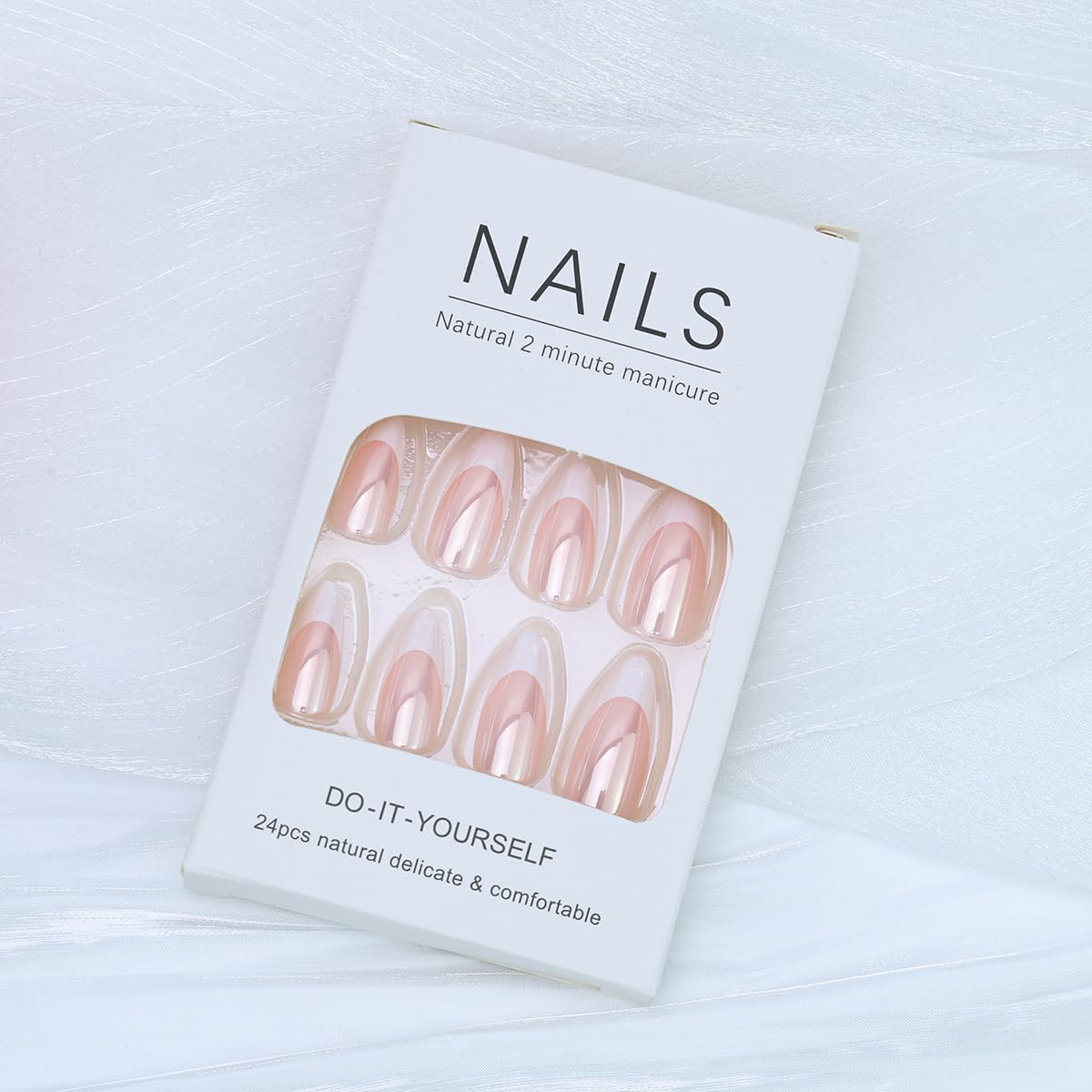 24PCS French Tip Press on Nails Medium Almond Fake Nails with Glue Handmade Pink Acrylic Nails Design Full Cover Glossy False Nails Stick on Nails for Women Manicure Decoration