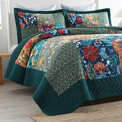 Autumn Dream Reversible Cotton Bedspread Quilt Set King Turquoise Floral Patchwork