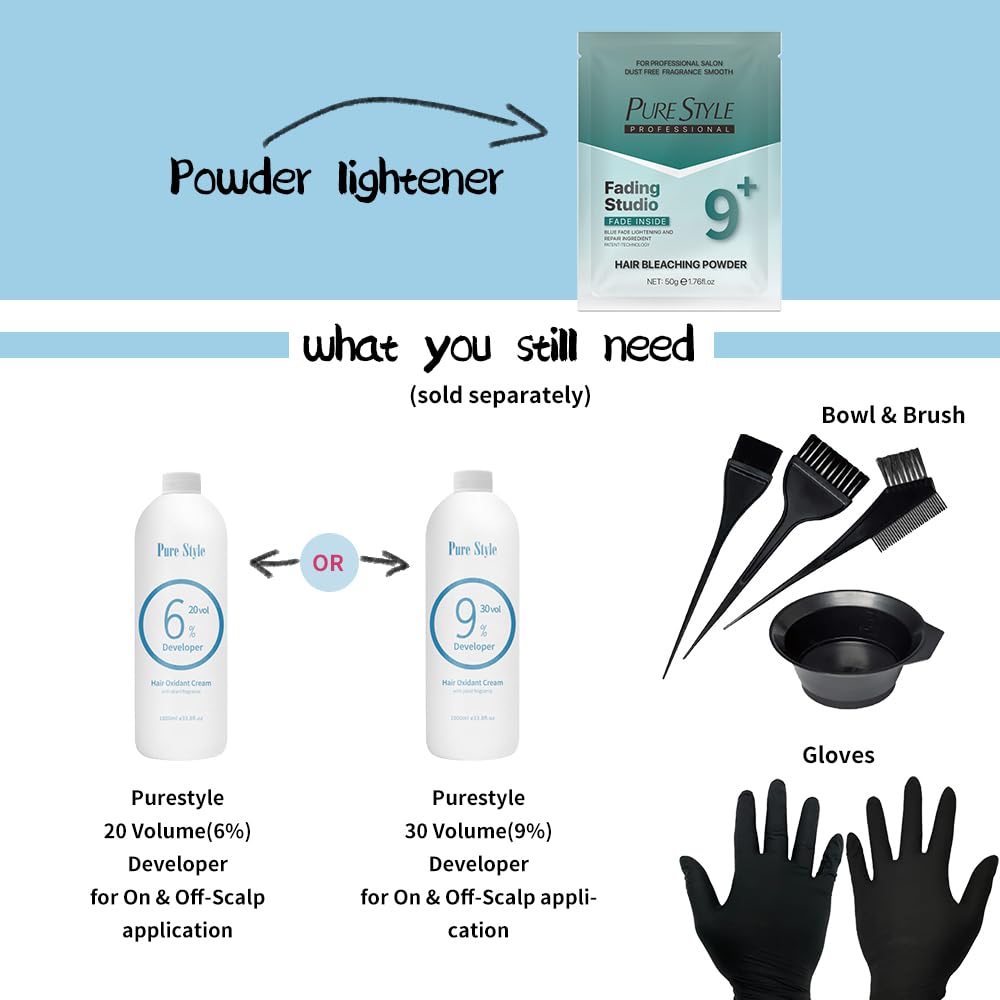 PURESTYLE Professional Ammonia-Free Hair Bleach Powder Packets 50g, Over 9 Levels Blue Fade Technology, Dust-Free & Fragrance Formula Fading Powder, Gentle Quick Bleach Lightener for Dark Hair