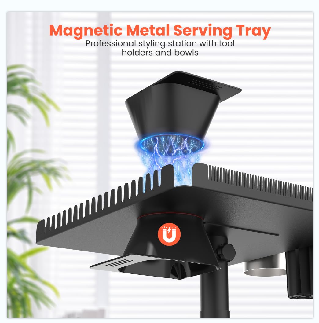 TASALON Professional Hair Styling Station Cart, Rolling Salon Tray with Magnetic Bowls, Tool Holders and Dryer Mount, Black