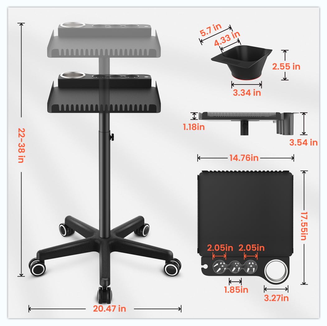 TASALON Professional Hair Styling Station Cart, Rolling Salon Tray with Magnetic Bowls, Tool Holders and Dryer Mount, Black
