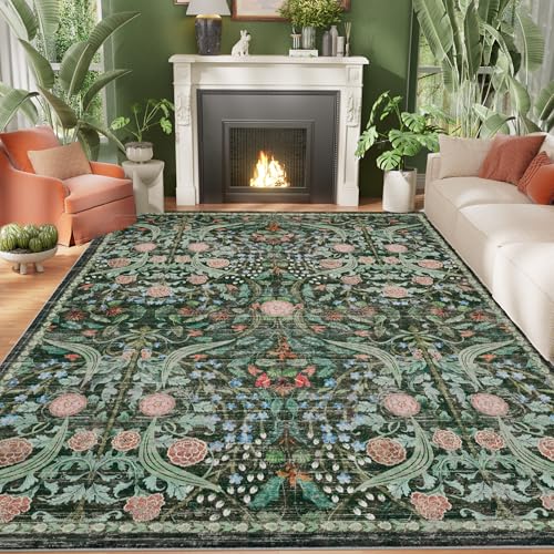 AMTOVO 8x10 Dark Green Washable Area Rug - Large Boho Floral Non-Slip Carpet for Living Room & Bedroom
