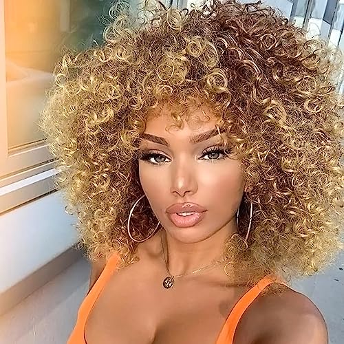 Blonde Mixed Brown Curly Afro Wig for Women 14in Short Kinky 70s Style with Bangs