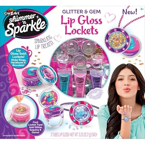 Shimmer 'n Sparkle Glitter & Gem Lip Gloss Lockets DIY Activity Set, DIY Lip Gloss Maker, Birthday for Ages 8 and Up
