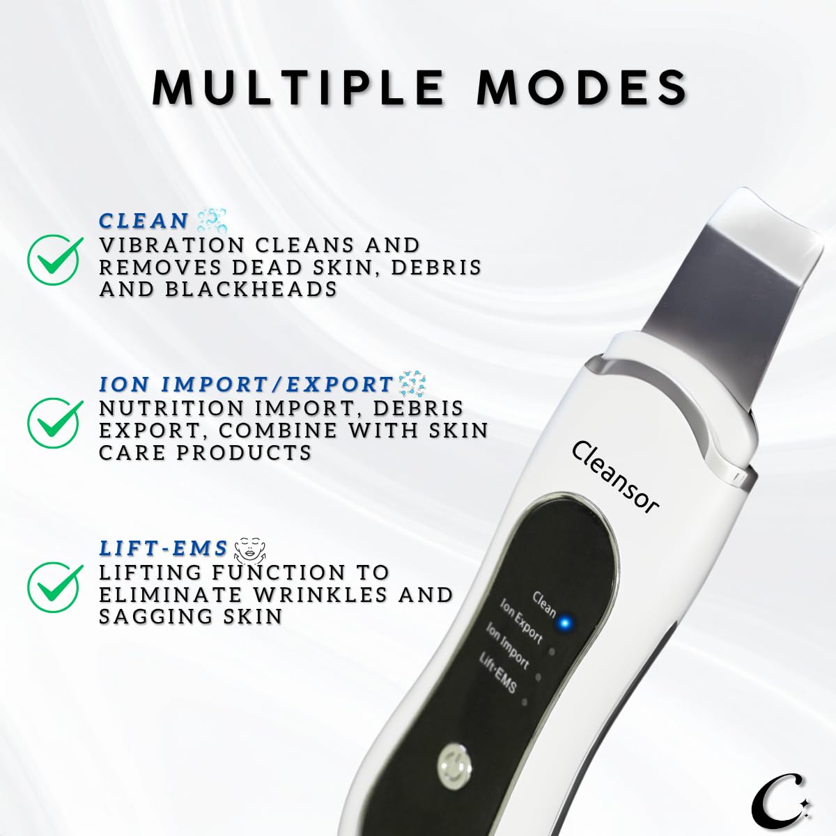 Skin Scrubber Pore Cleaner Blackhead Remover Facial Spatula with Clean, Ion and Lift Modes