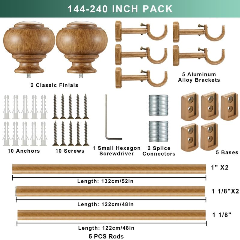 Yun Nephele Brown Wood Grain Extra Long Curtain Rods 144-240 Inch Heavy Duty Boho Drapery Rod with Finials & Adjustable Brackets
