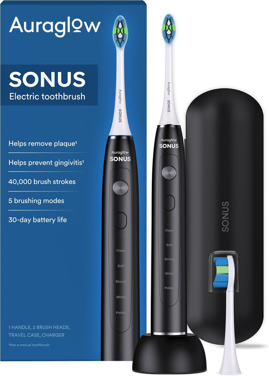 Sonus Electric Toothbrush by AURAGLOW - 40,000 VPM, 5 Modes, 2 Heads & Travel Case