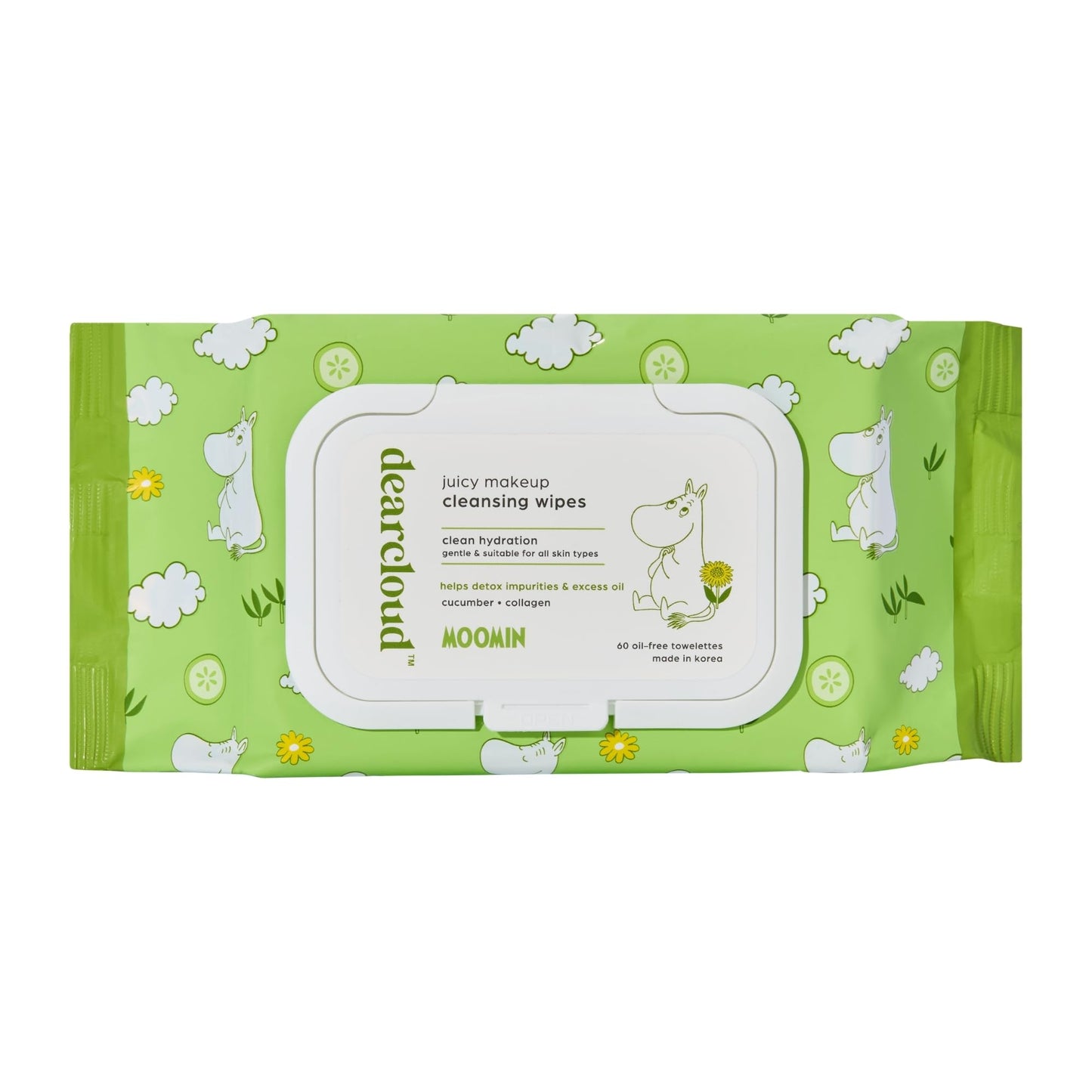 dearcloud Moomin Juicy Makeup Cleansing Wipes - 60 count- Cucumber & Collagen Makeup Remover Towelettes (Renewing Cucumber)