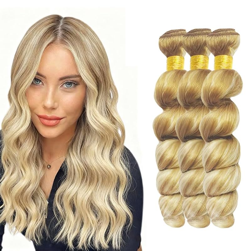 Poirewsa P27/613-L Blonde Human Hair Bundle 14 Inch Deep Wave Highlight