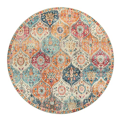 6ft Round Moroccan Washable Area Rug - Burnt Orange & Teal Multi - Soft Faux Wool, Low-Pile, Non-Slip Backing