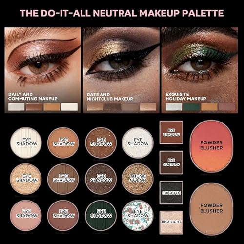 5-in-1 Backed Eyeshadow Makeup Palette with Blush Bronzer Highlighter, Natural Nude Eye Shadow Palettes 18 Colors Matte Shimmer Glitter Tone Long Lasting Smudge-Proof, Ideal Gifts for Women