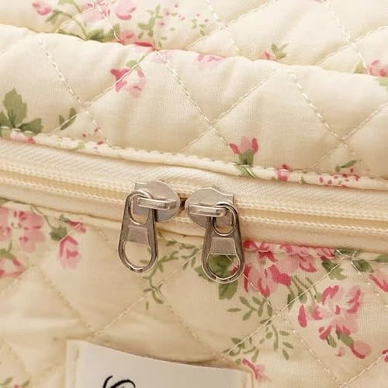 3 Pcs Cotton Quilted Makeup Bag, Large Aesthetic Cosmetic Bag Set Cute Flower Travel Toiletry Bag Makeup Brushes Storage Bag Trendy Makeup Organizer Bag for Women Girls (Pink Flower Set)