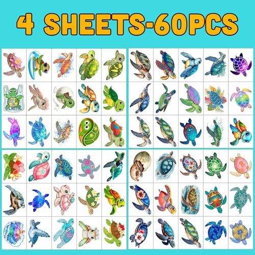 Turtle Temporary Tattoos | Under The Sea Theme Turtle Birthday Party Decorations Party Favors Supplies Accessories Stickers Ocean Theme Gift Idea For Kids Boy Girl Teen Adult 60Pcs 4 Sheets Pre-cut